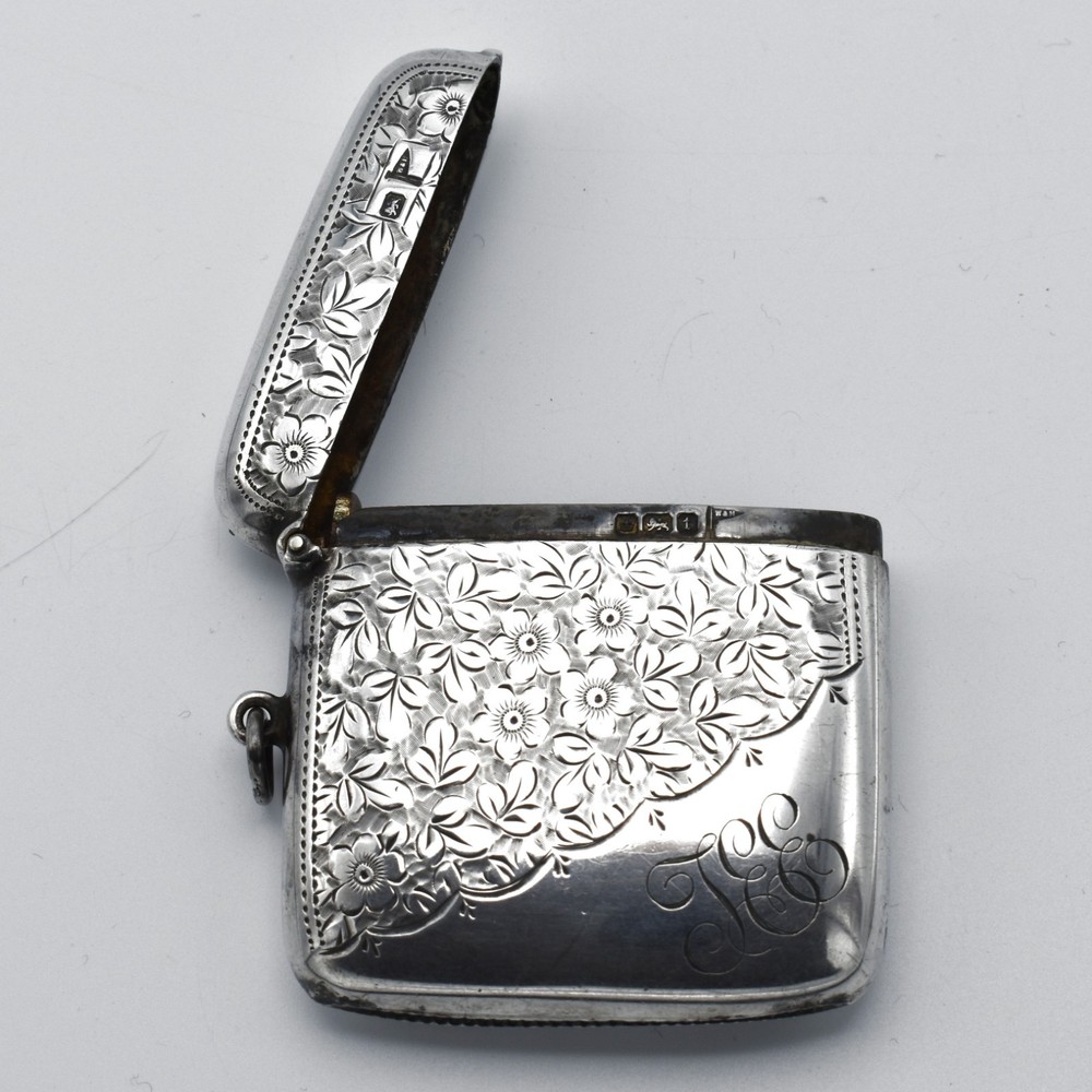 Large Solid Silver Antique Vesta Case Match Safe Floral Ivy Pattern 1918