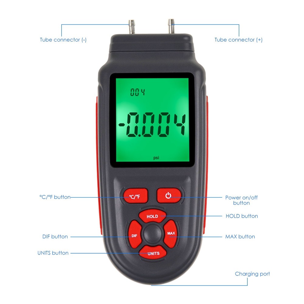 Dual Differential Gas Pressure Tester Manometer with Data Storage Function