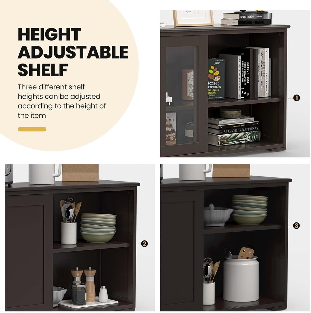 Modern Brown Sideboard Buffet Cabinet with Adjustable Shelves & Sliding Doors