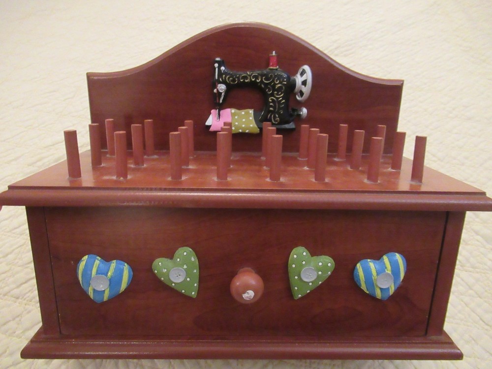 Decorative Wooden Sewing Storage Box with Small Spool Holders