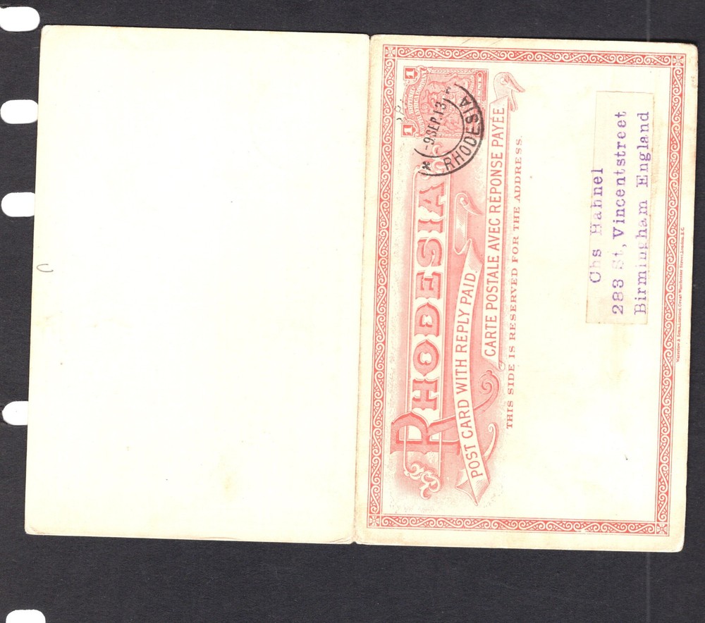 Rhodesia  postal  reply  card   1913  cancel