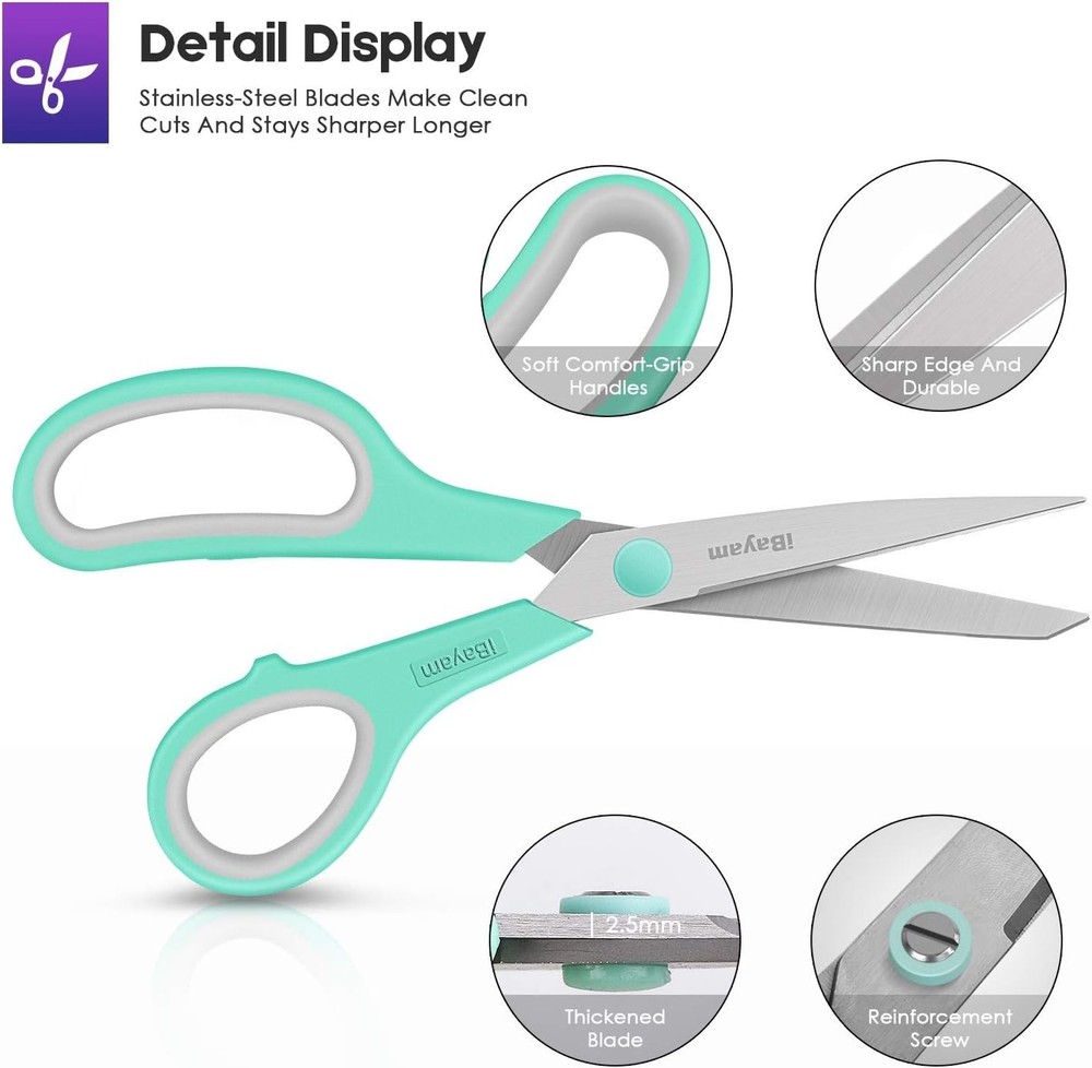 Scissors, 8" All Purpose Scissors Bulk 3-Pack, Ultra Sharp 2.5mm Thick Blade ...