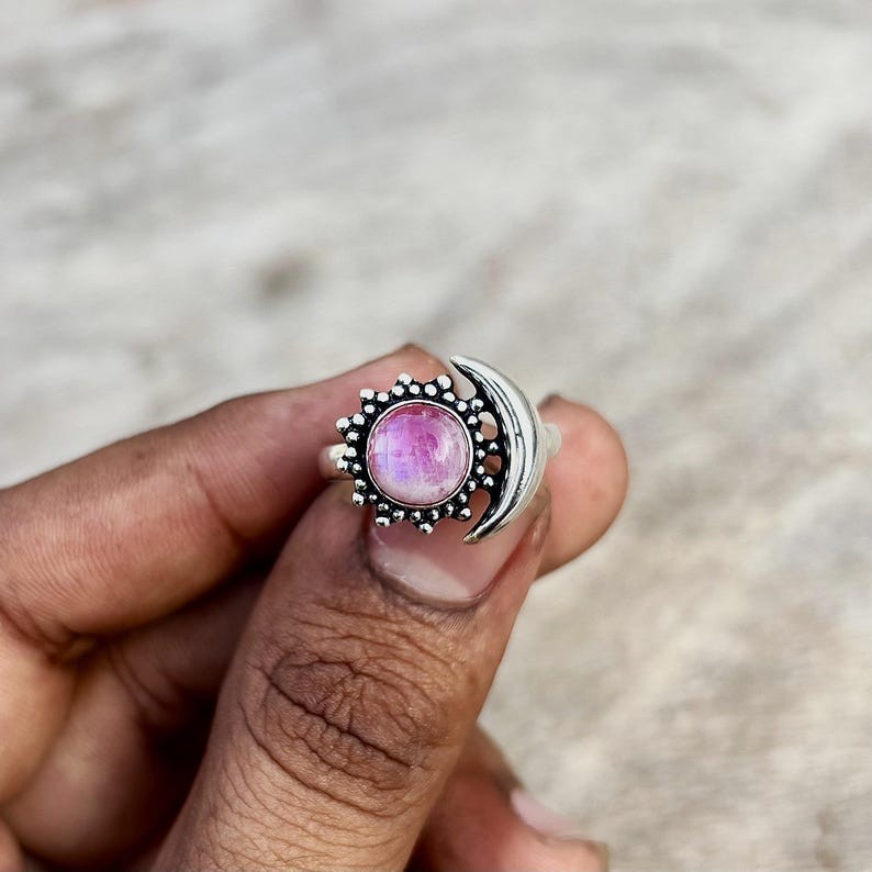 Pink Moonstone Solid 925 Sterling Silver Beautiful Handmade Ring, All Size M1557