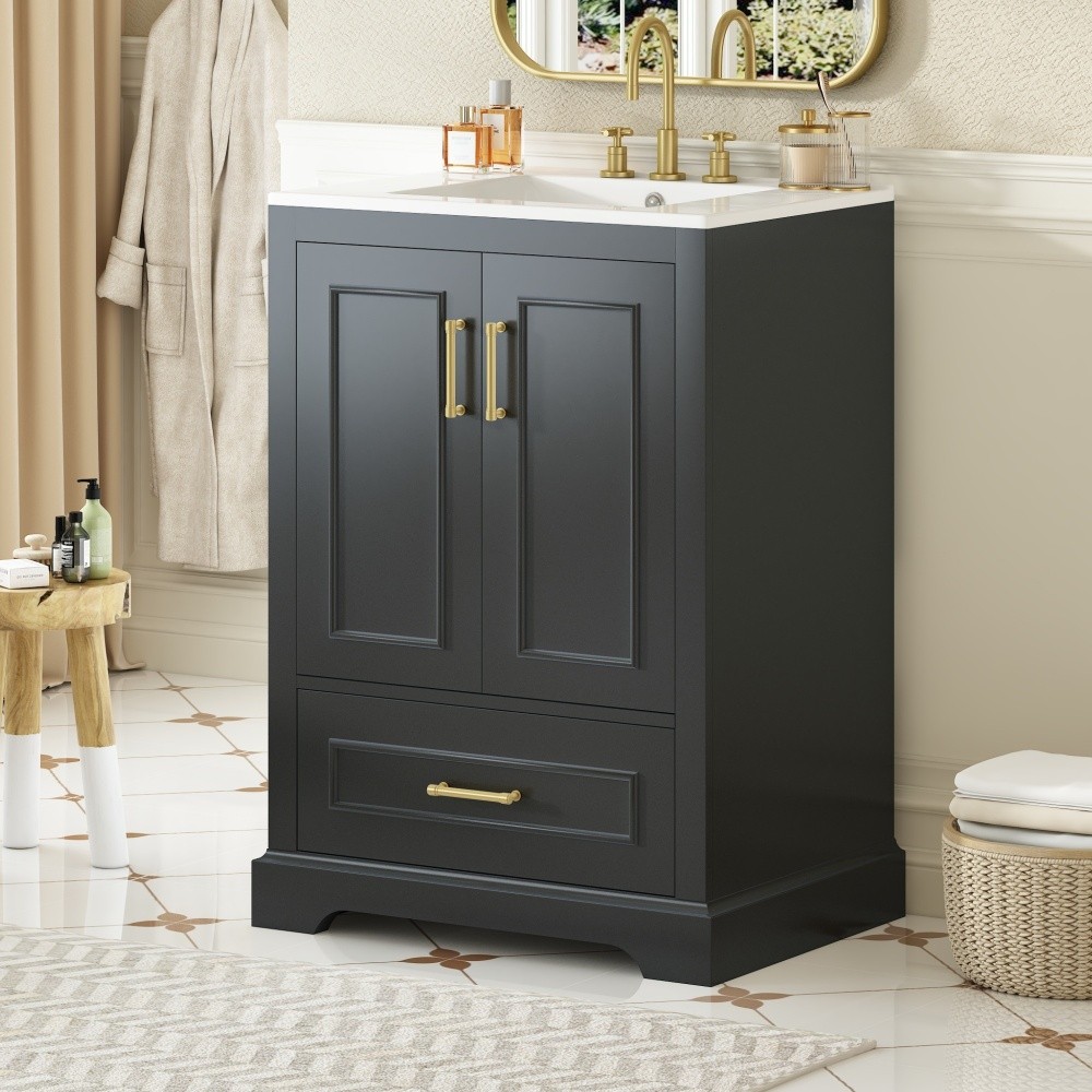 24"Bathroom Vanity with Sink, MDF Cabinet with Solid Wood Frame 1 Divided Drawer