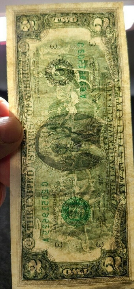 1976 $2 note alignment Shift over-inking error AU [almost uncirculated] folds