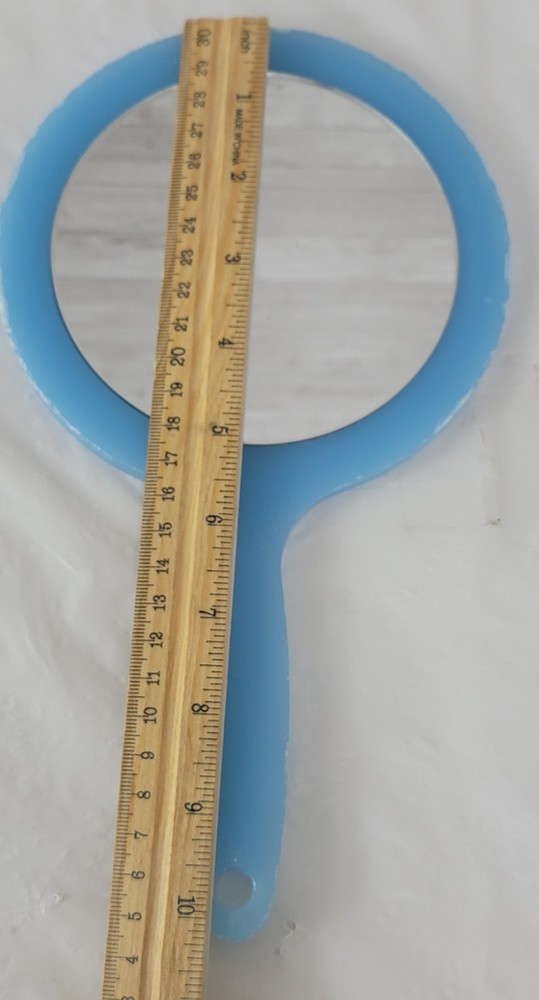 Vintage Light Blue Plastic Hand Mirror Double Sided Magnified