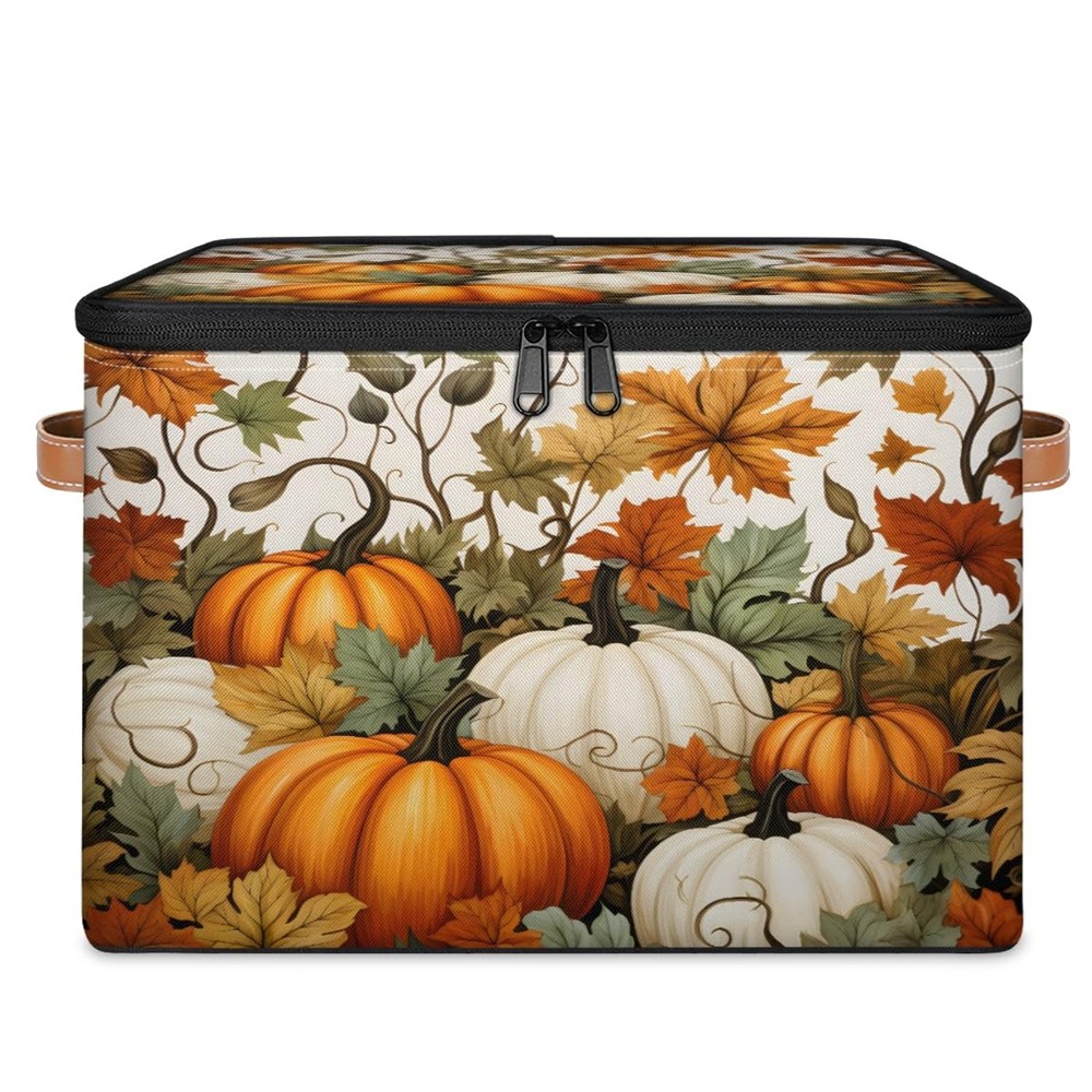 Fall Pumpkin Storage Bins with Lids, Maple Leaf Fabric Storage Boxes with Zip...