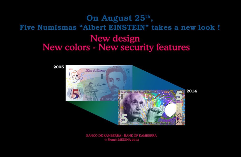Kamberra, 5 Numismas, 2018, UNC > Einstein, New issue, Completely redesigned
