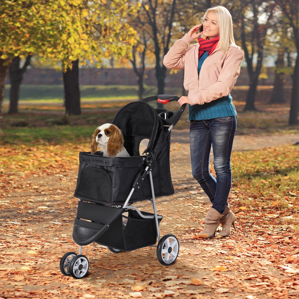 Dog Stroller 3 Wheels Foldable Pet Stroller w/Storage Basket & Cup Holder Black