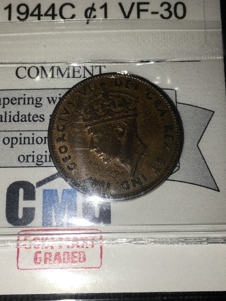 1944c, ICCS Graded Newfoundland, Small One Cent, **VF-30**