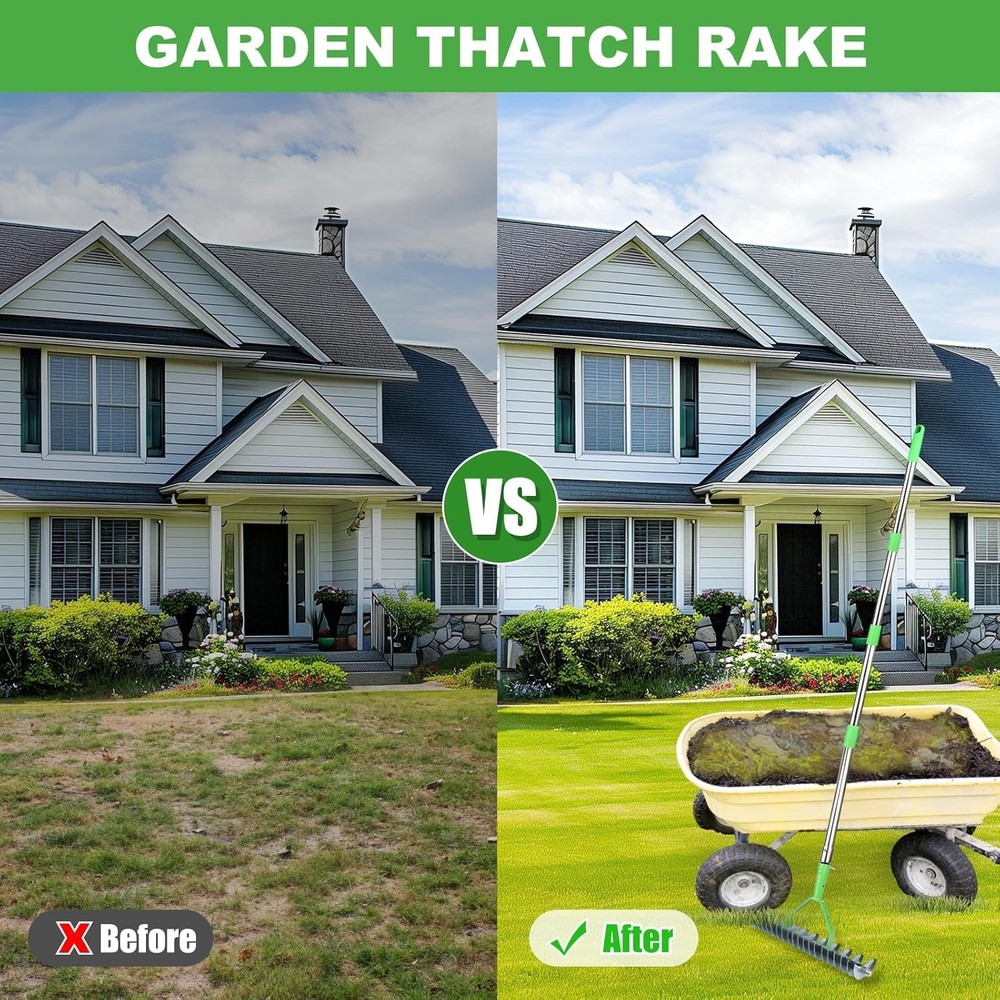 Thatch Rake, 12.4 Inch Wide Dethatching Rake with Double Sided Steel Teeth,