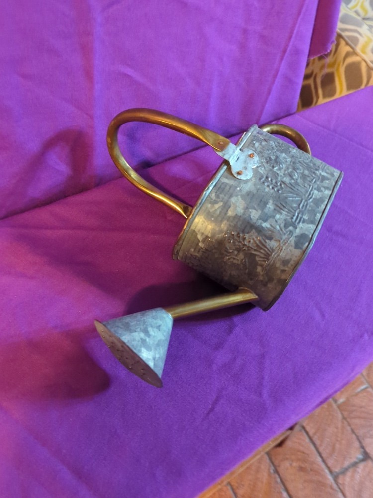 Mini Brass and Galvanized Watering Can Floral Embrossed Pattern