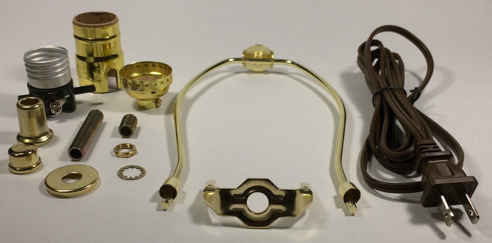 Table Lamp Wiring Kit 9" Brass Plated Harp, Push-Thru Socket, 8 ft. Brown Cord