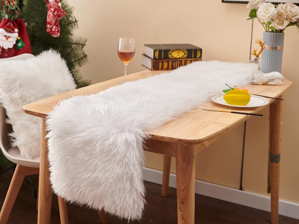 Faux Fur Table Runner White 11.8x59inch for
