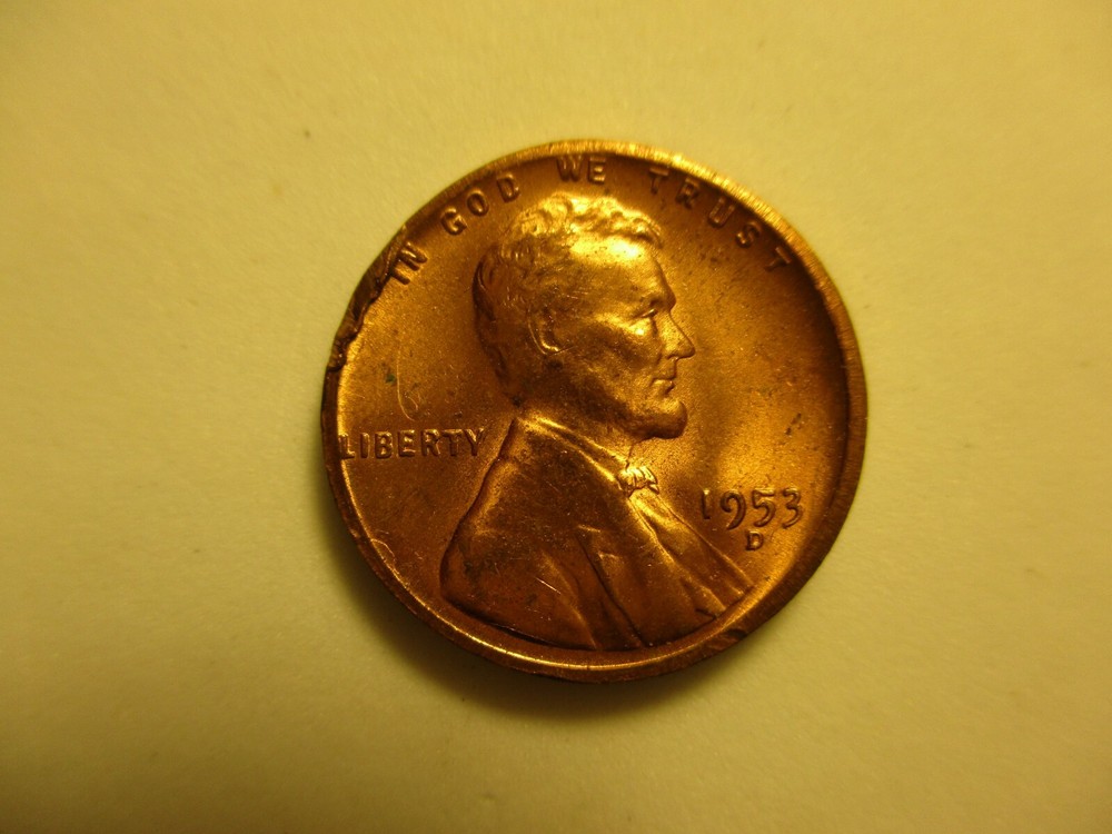 1953-D Mint State Wheat Cent-Edge Peel Partial Collar