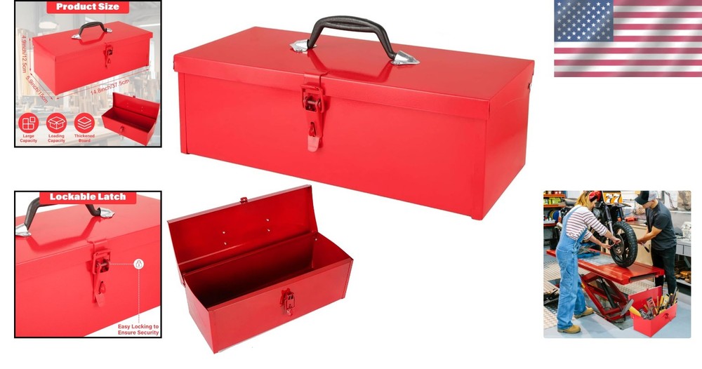 Durable 15-Inch Mini Steel Toolbox - Classic Red with Comfortable Grip Handle