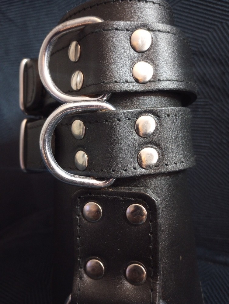 Black Cowhide Leather BDSM Ankle Restraints (pair) with Thick Fur Padding