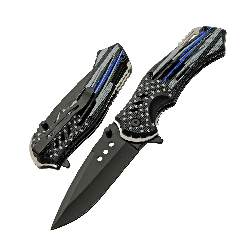 Police BLUE LINE Flag SPRING Assisted KNIFE Folding Pocket Folder - Rite Edge