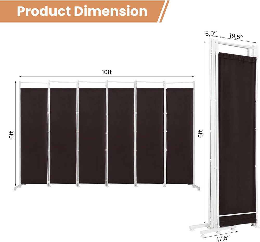 6 Ft Folding Room Divider - 6 Panel Freestanding Privacy Screen (Brown)