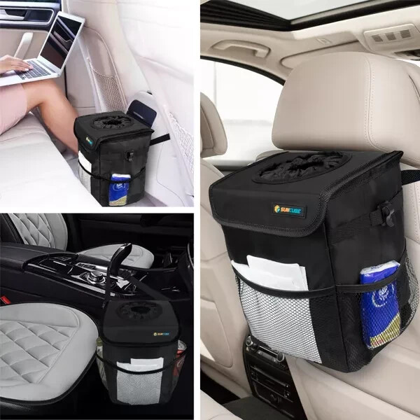 SUN CUBE Car Trash Can - Mesh Pockets, Elastic Opening - Waterproof & Leakproof