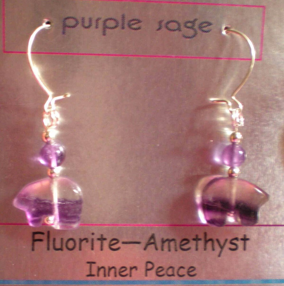 Fluorite Bear Totem with Amethyst Earrings e154