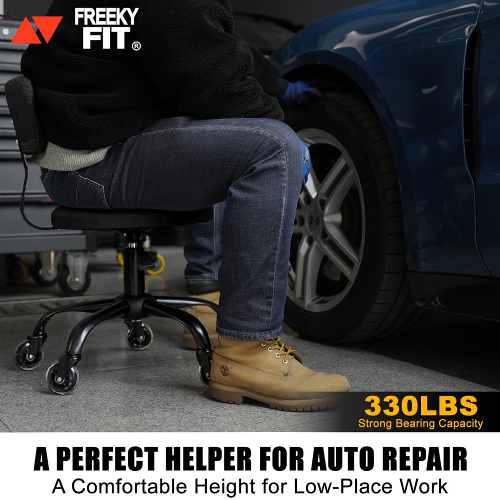 FreekyFit Adjustable Rolling Stool with Wheels for Garage & Salon Black