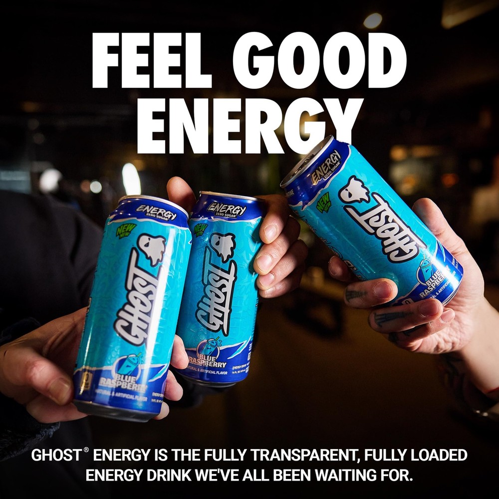 GHOST Energy Drink Blue Raspberry, 16oz Cans (Pack of 12)