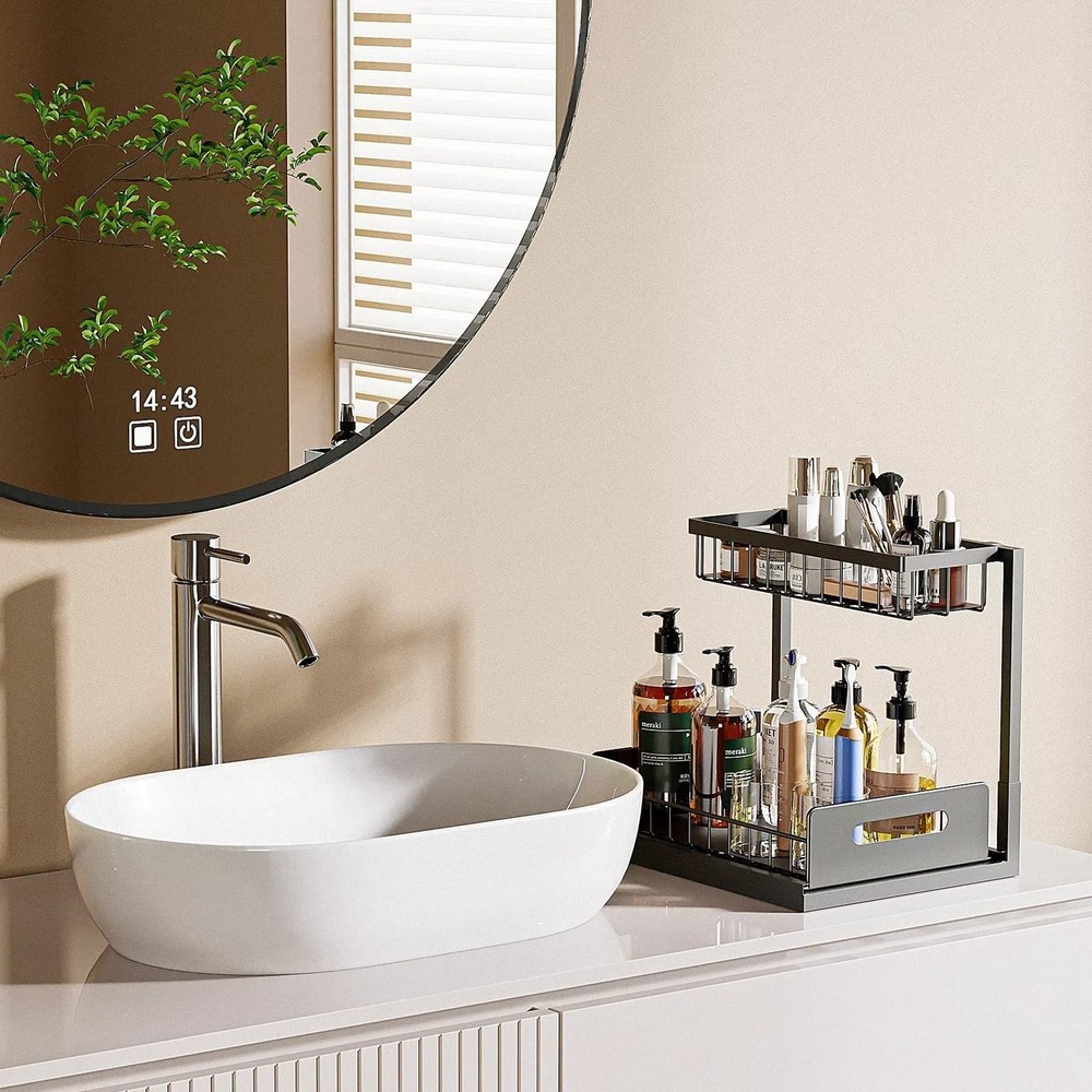 VUSIGN Under Kitchen Sink Organizer 2 Tier, Pull Out Under Sink Organizers an...