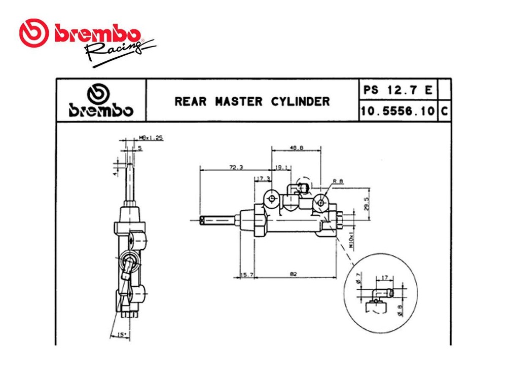 BREMBO RACING UNIVERSAL BLACK REAR MASTER CYLINDER PS 12 STRAIGHT EXIT