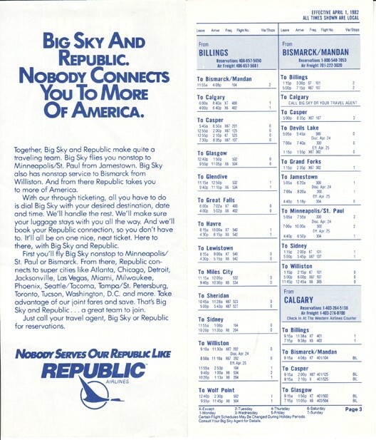 Big Sky Airlines timetable 1982/04/01