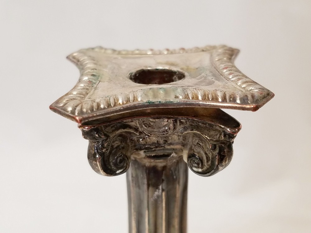 Pair Antique Sheffield Silver on Copper Neo-classical Taper Candlesticks