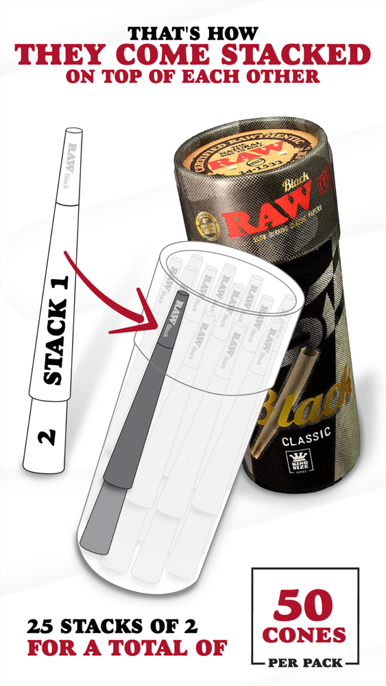 RAW Cones Black King Size | 50 Pack | Natural Pre Rolled Rolling Paper