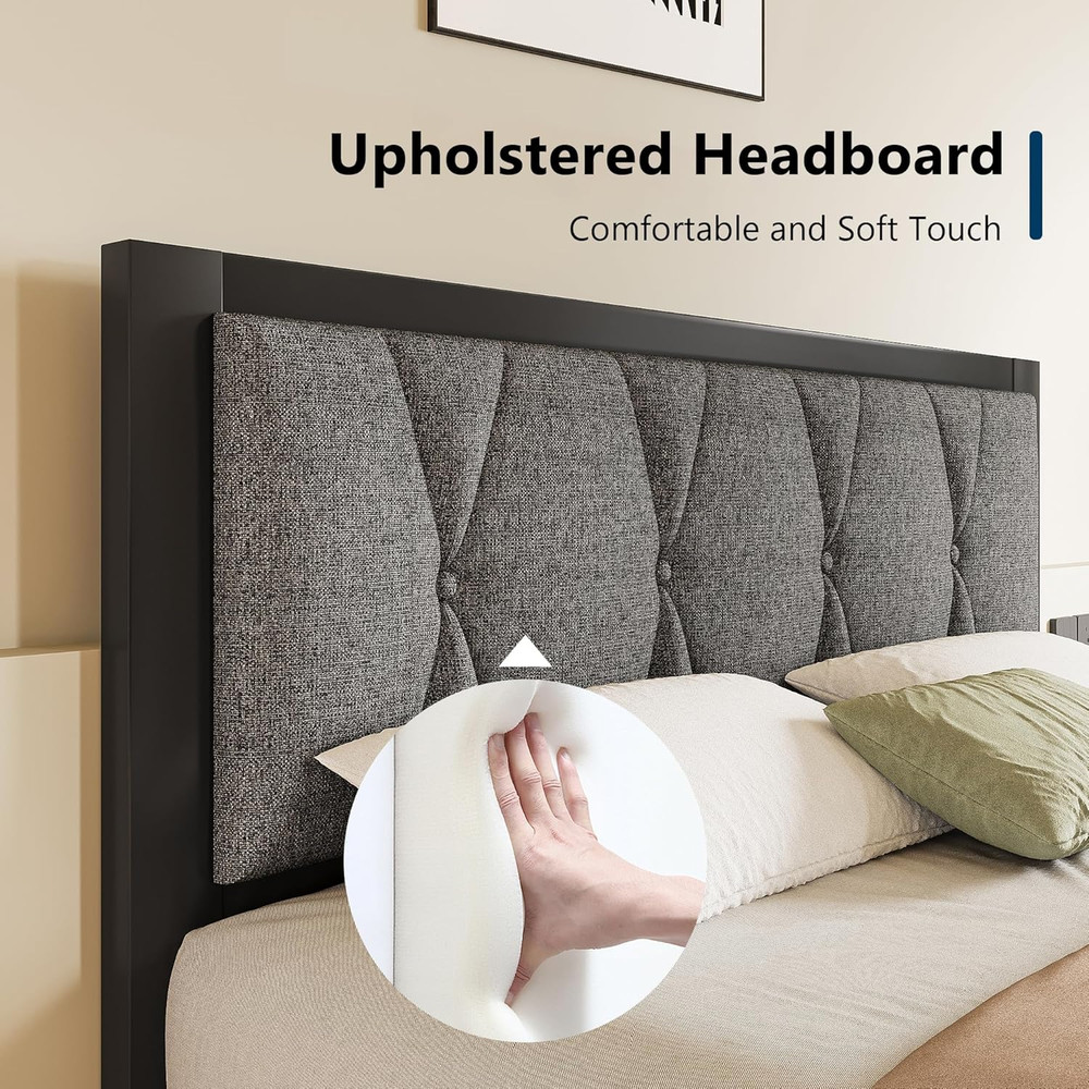 Queen Size Bed Frame with Button Tufted Headboard, Linen Upholstered Platform Be