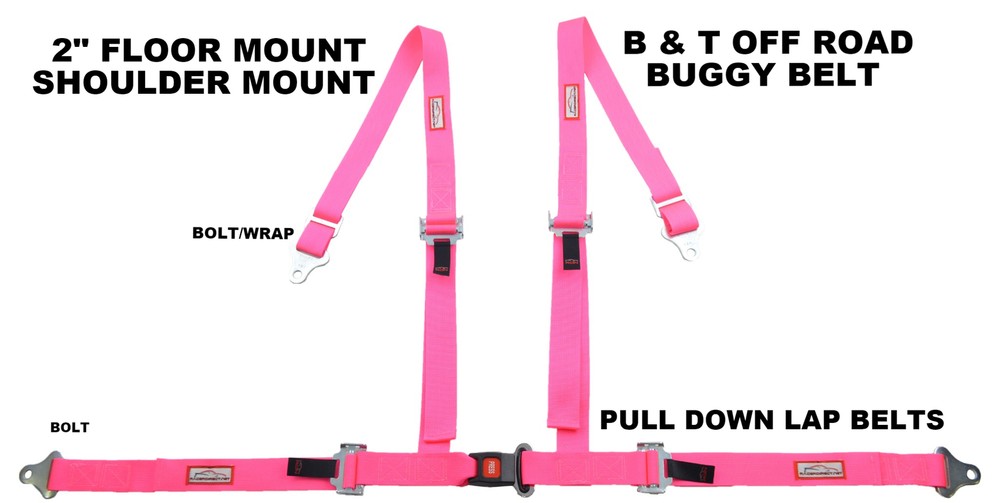 FOUR POINT SEAT BELT RACE 2" HARNESS PULL DOWN LAP BELTS FLOOR MOUNT HOT PINK