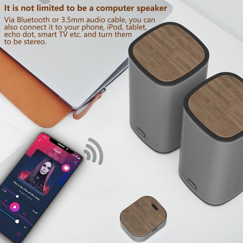 Wireless Bluetooth Desktop Speakers with Touch Control Pod - Walnut & Steel -...