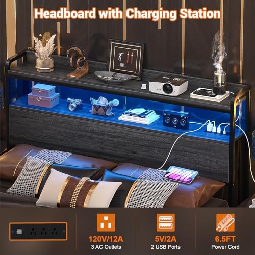 Headboard for Size Bed Frame, Headboards with Outlets, USB Full Black Oak