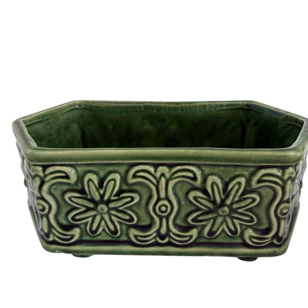 Vintage American Bisque Green Footed Rectangular Planter Floral Scroll 8.75 in