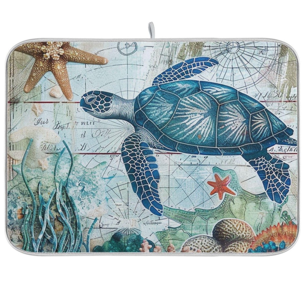 Ocean Sea Turtle Dish Drying Mat for Kitchen Counter 16x18 in Retro Map