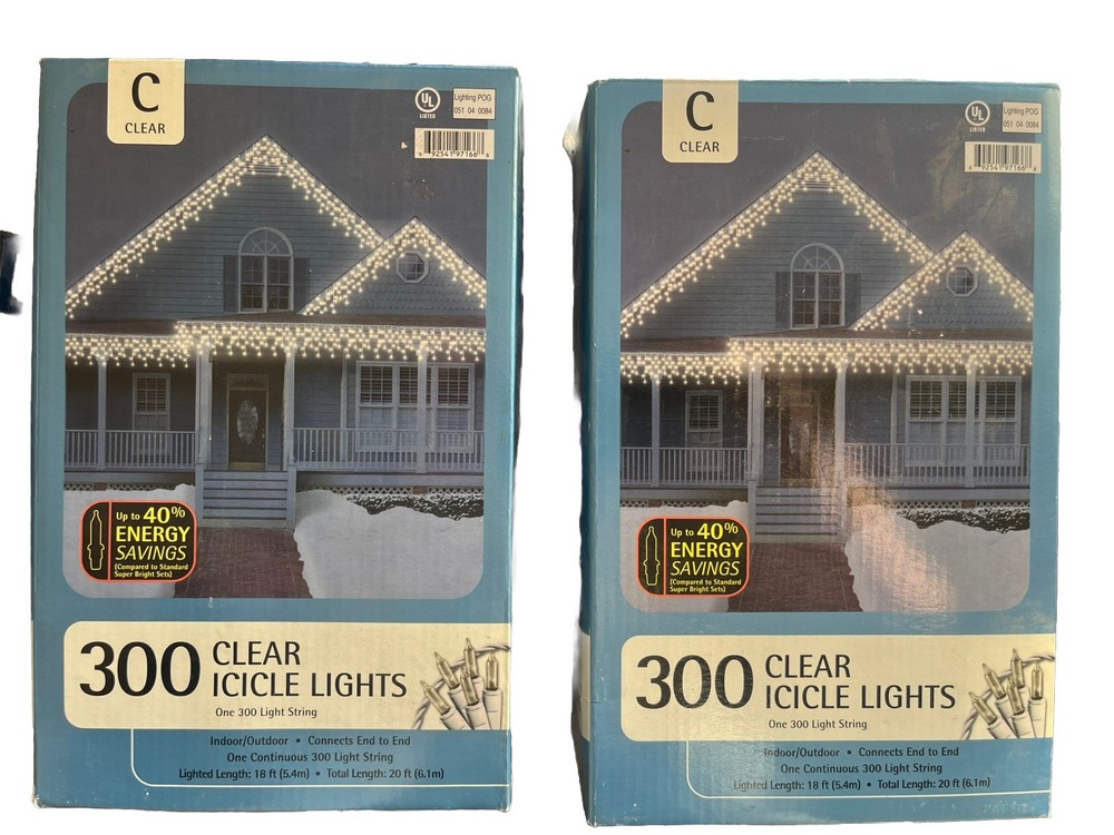 Holiday Time - 2-300 Light String Boxes ClearWhite Icicle Lights White Wire NEW!