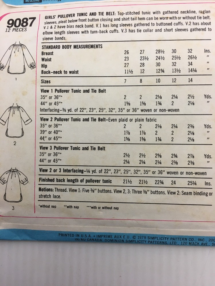 Simplicity Sewing Pattern 9087 Girls Size 7 8 Pullover Tunic and Tie Belt Top