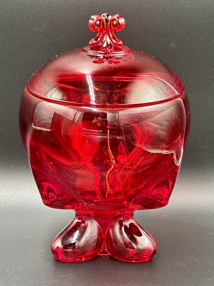 Mid Century Viking Glass Ruby Red 3 Footed Lidded Candy Jar 8”