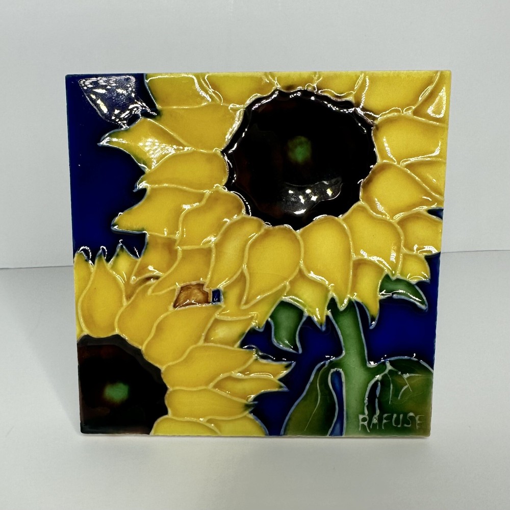 RAFUSE Signed 4" x 4" Ceramic Tile Sunflowers With Blue Background Stand/hang