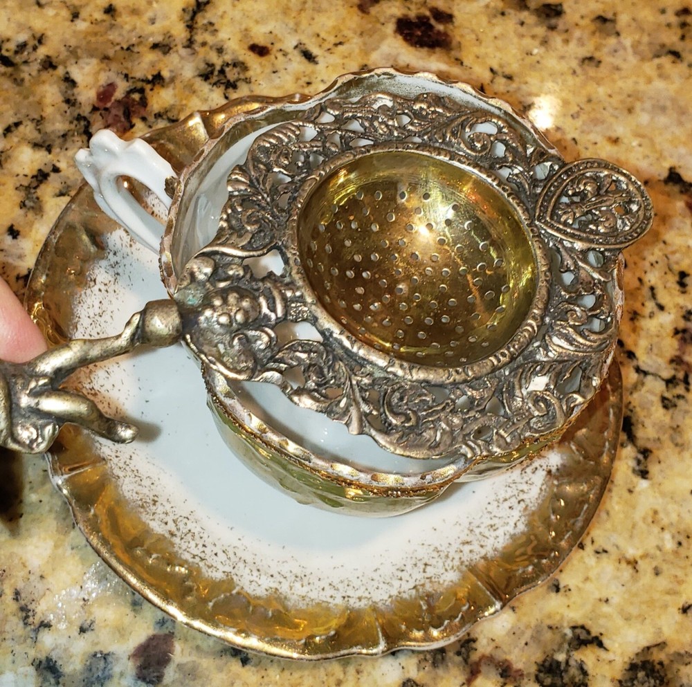 Ornate Antique Tea Strainer - Etched - Unknown Origin - see pics Cherub handle