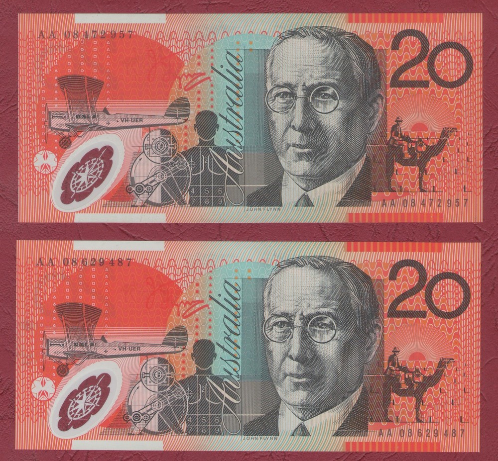 AUSTRALIAN BANKNOTE $20 TWENTY DOLLARS 2008 FIRST PREFIX AA08 aUNC