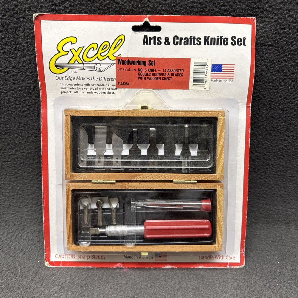 EXCEL 44384 Woodworking Hobby Knives Set w/ Wood Box Gouges Rooters Blades Knife