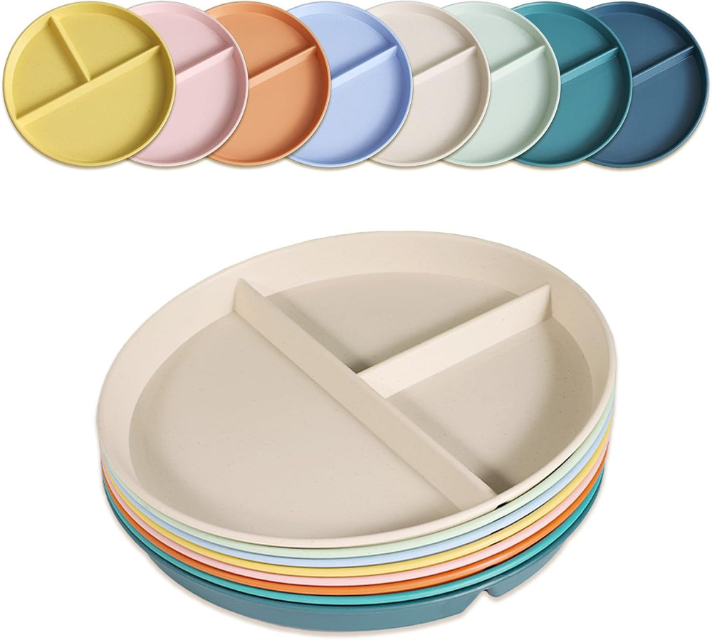 Divided Plates for Adults (8 Packs) Unbreakable Portion Control Plate Sectioned