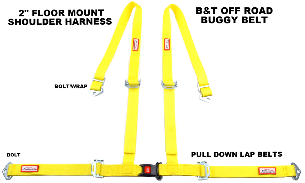 FOUR POINT SEAT BELT RACE HARNESS PULL DOWN LAPS FLOOR MOUNT PUSH BUTTON YELLOW
