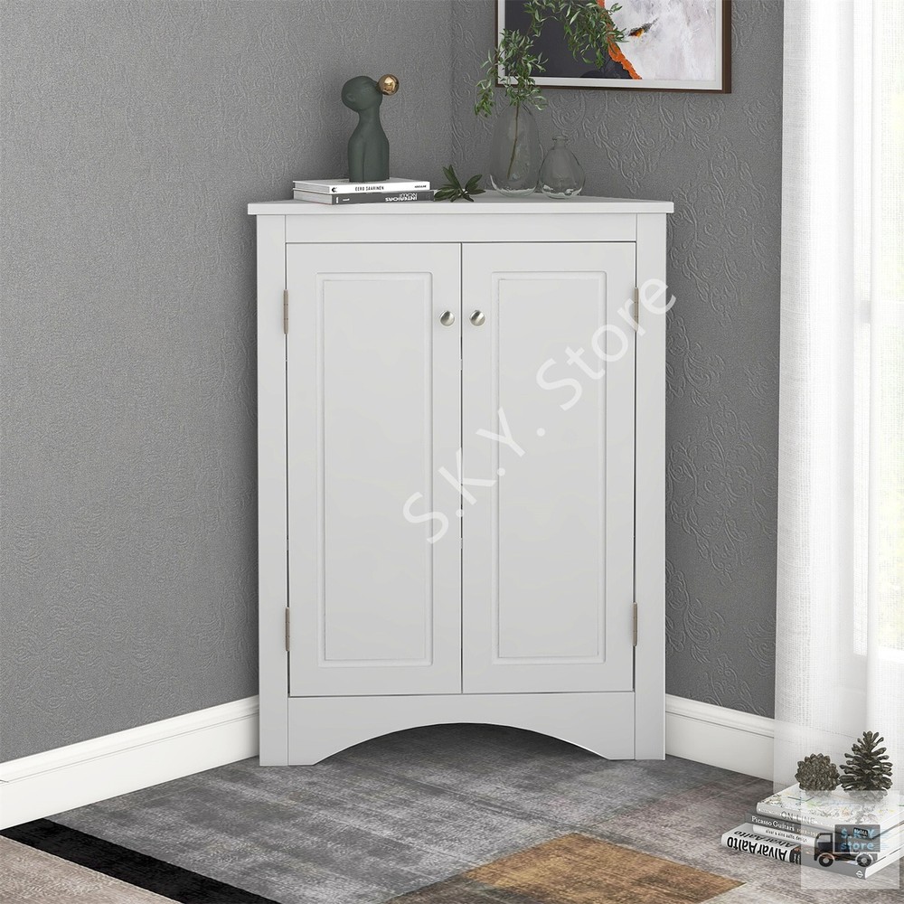 White Triangle Bathroom Storage Cabinet with Adjustable Shelves, Freestanding