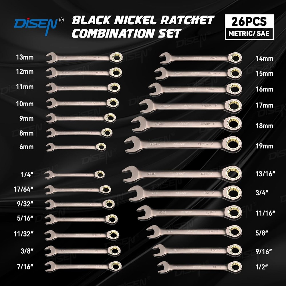 26 Piece Ratcheting Wrenches Set 90 Teeth, Combination Wrenches Set