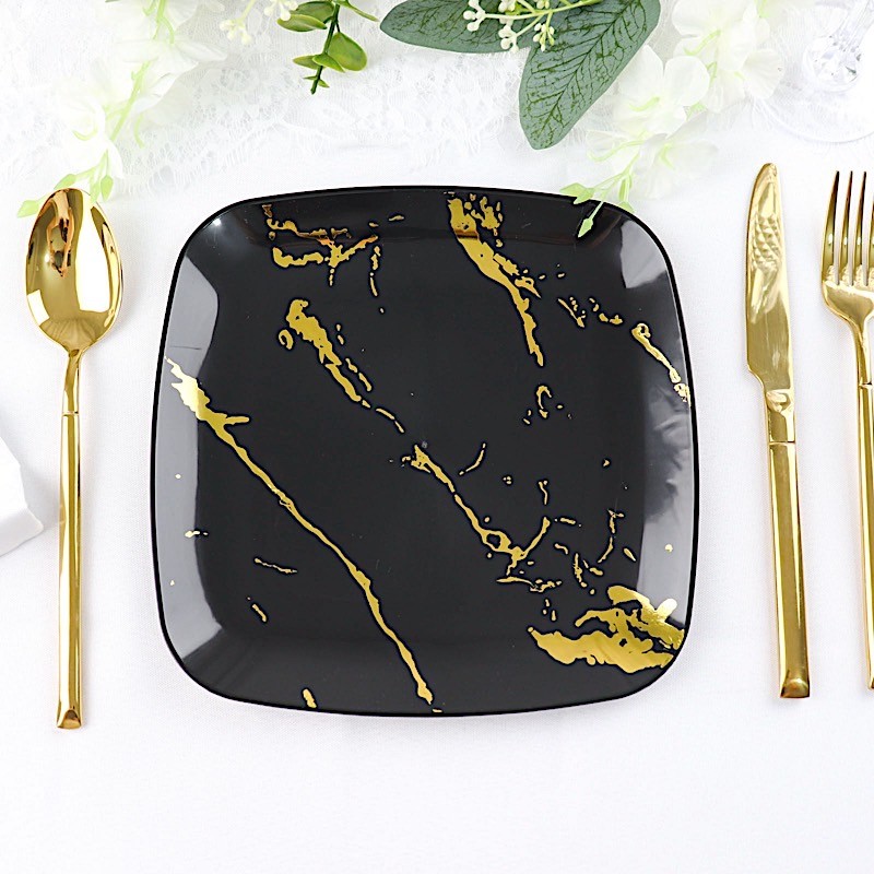 10 BLACK GOLD Square Metallic Marble Plastic Salad DINNER PLATES Party Tableware